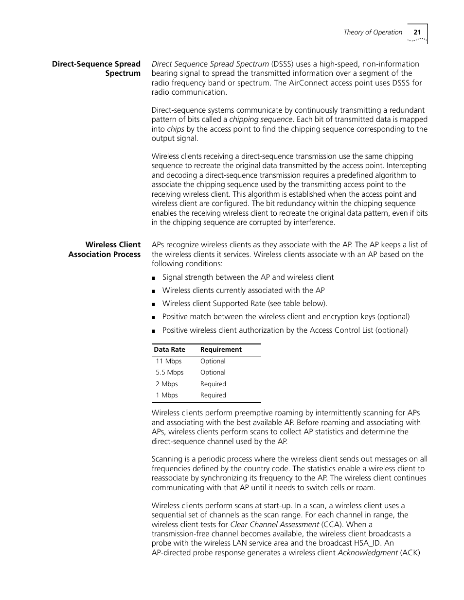 Direct-sequence spread spectrum, Wireless client association process | Cabletron Systems AirConnect 3Com User Manual | Page 21 / 93