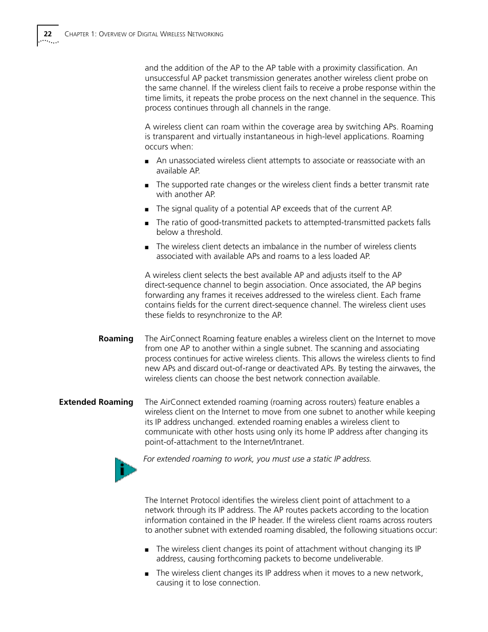 Roaming, Extended roaming, Roaming 22 extended roaming 22 | Cabletron Systems AirConnect 3Com User Manual | Page 22 / 93
