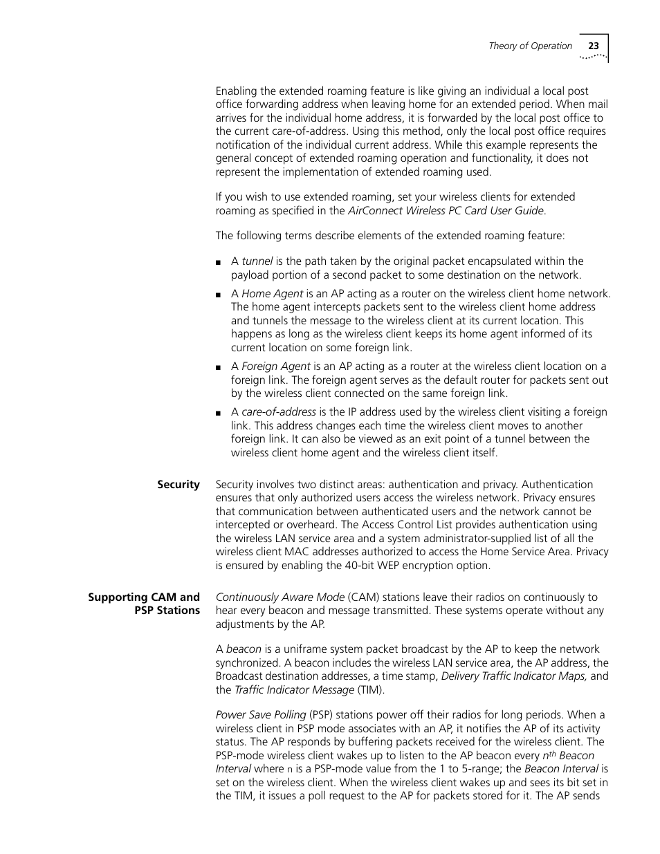 Security, Supporting cam and psp stations, Security 23 supporting cam and psp stations 23 | Cabletron Systems AirConnect 3Com User Manual | Page 23 / 93