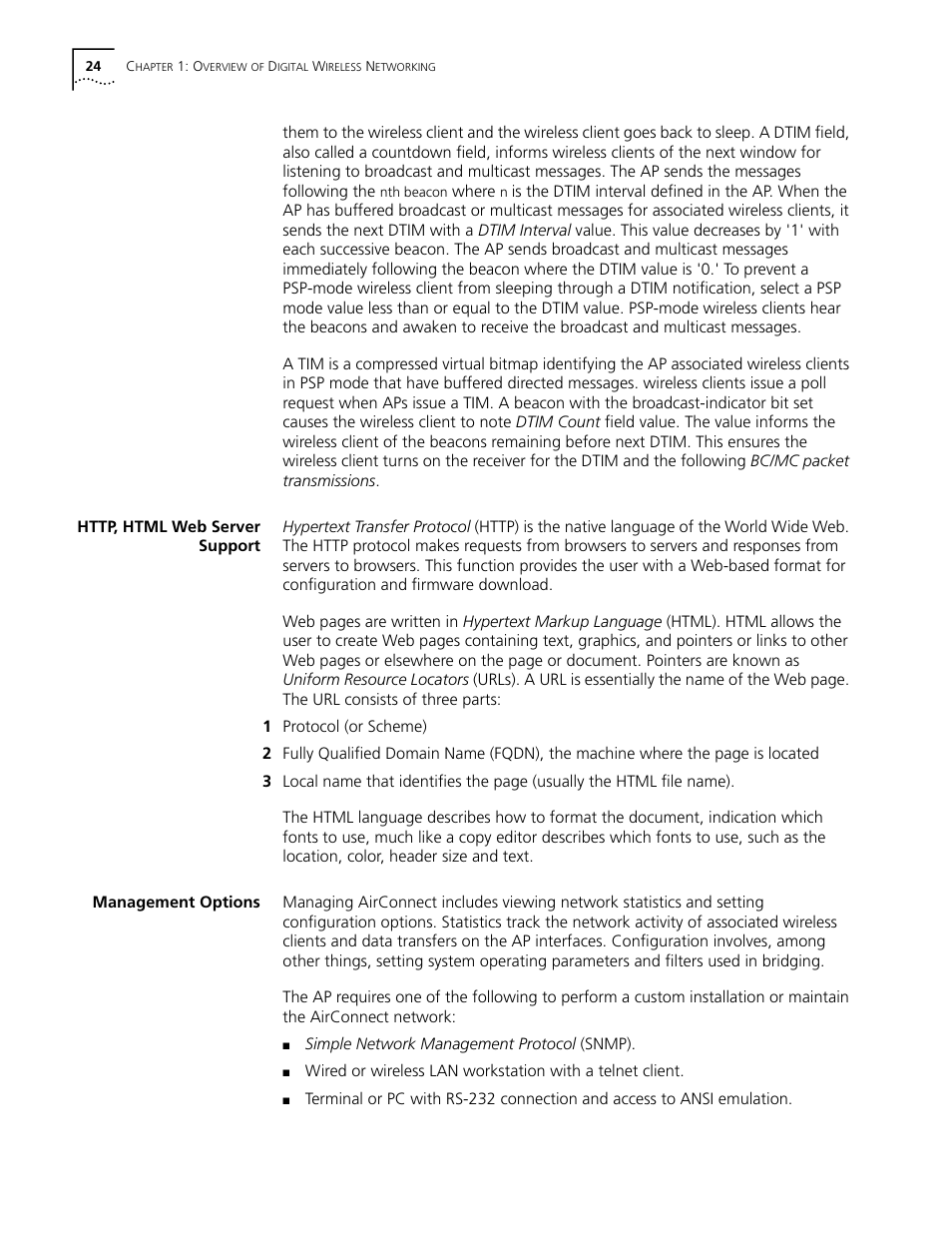 Http, html web server support, Management options | Cabletron Systems AirConnect 3Com User Manual | Page 24 / 93