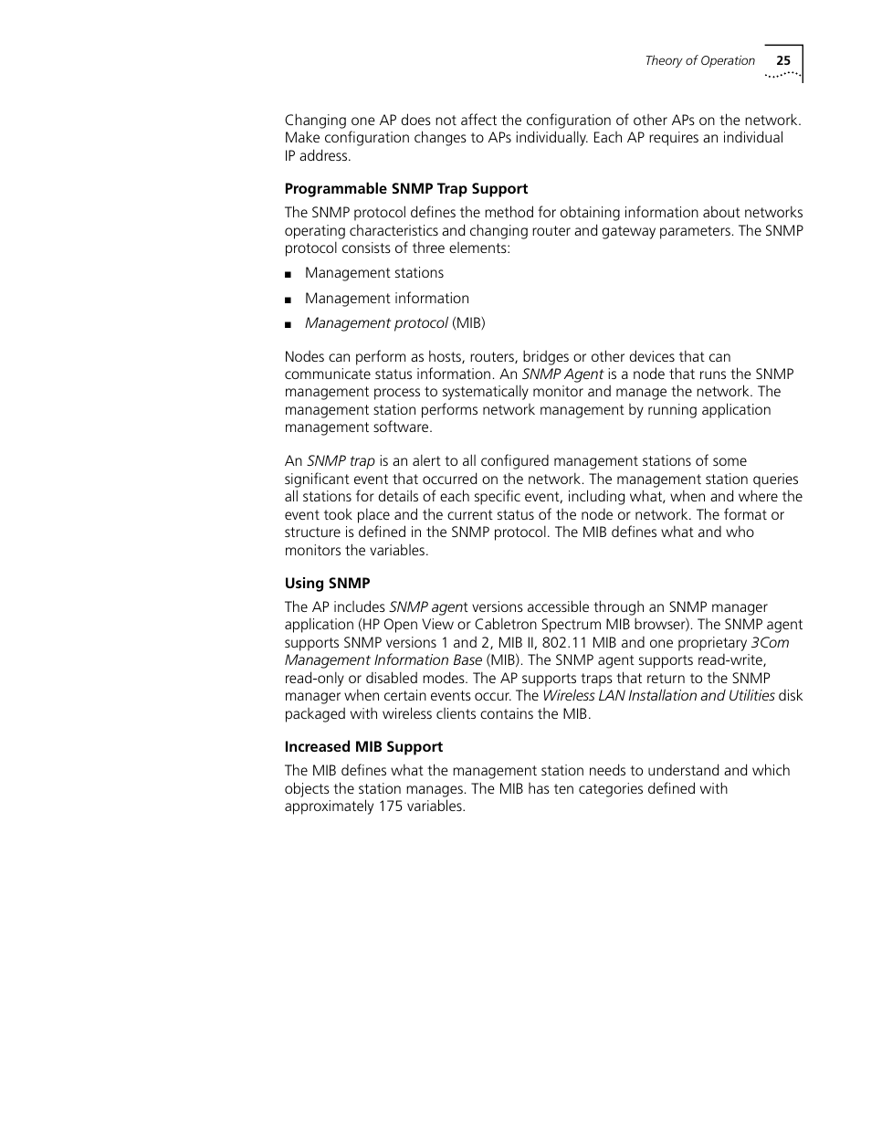 Programmable snmp trap support, Using snmp, Increased mib support | Cabletron Systems AirConnect 3Com User Manual | Page 25 / 93