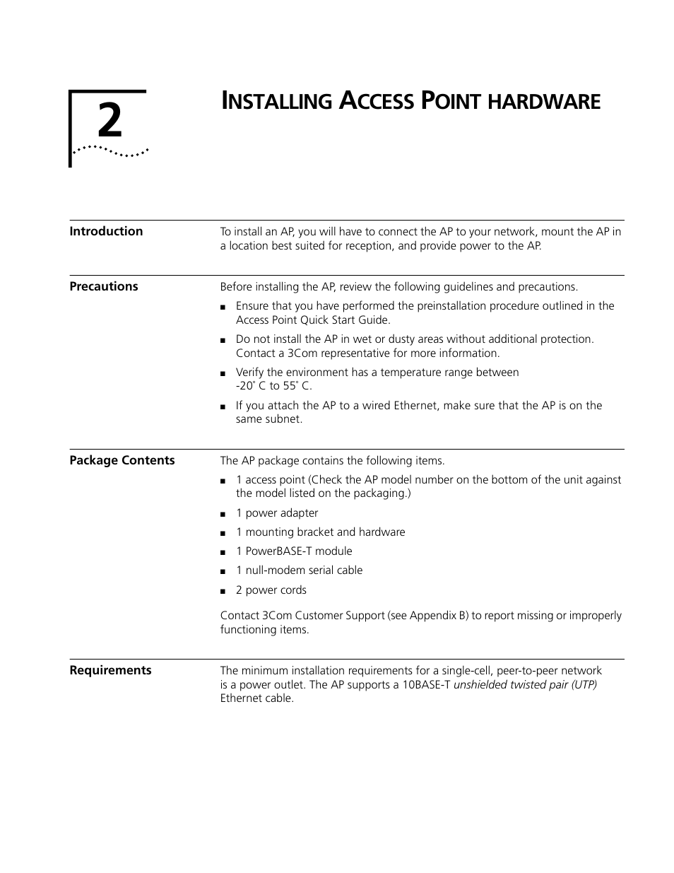 Installing access point hardware, Introduction, Precautions | Package contents, Requirements, Nstalling, Ccess, Oint, Hardware | Cabletron Systems AirConnect 3Com User Manual | Page 27 / 93
