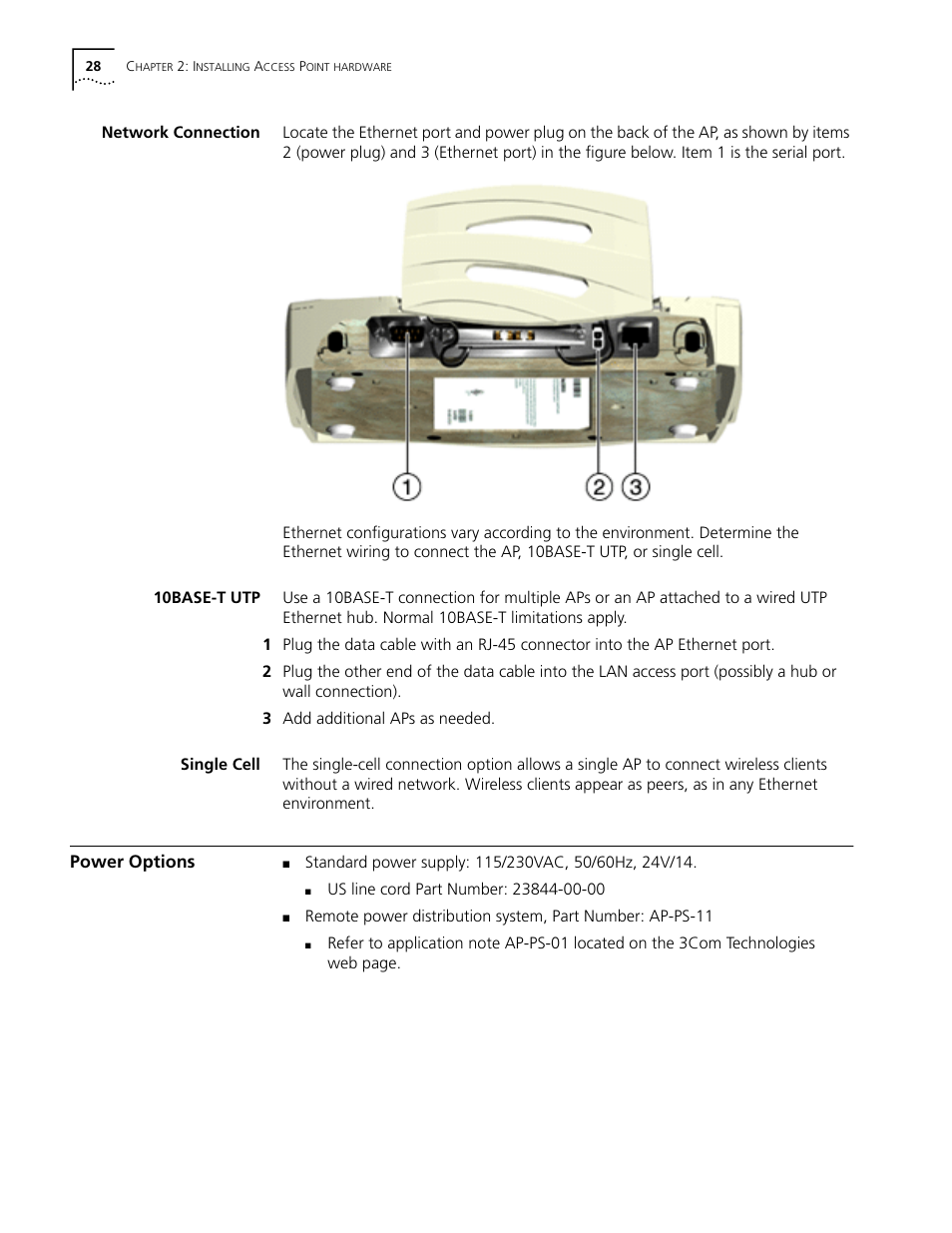 Network connection, 10base-t utp, Single cell | Power options, Power options 28 | Cabletron Systems AirConnect 3Com User Manual | Page 28 / 93