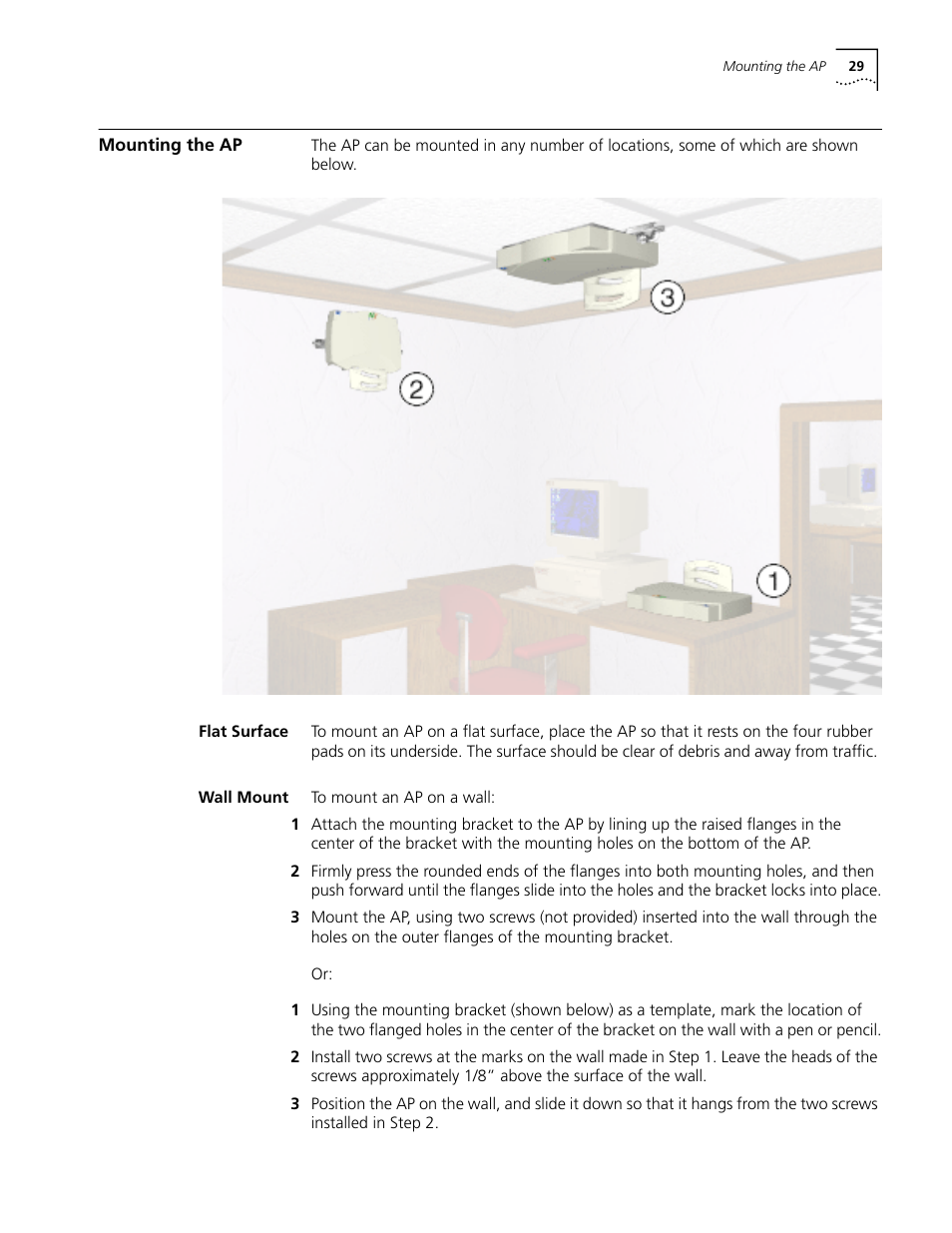 Mounting the ap, Flat surface, Wall mount | Mounting the ap 29, Flat surface 29 wall mount 29 | Cabletron Systems AirConnect 3Com User Manual | Page 29 / 93