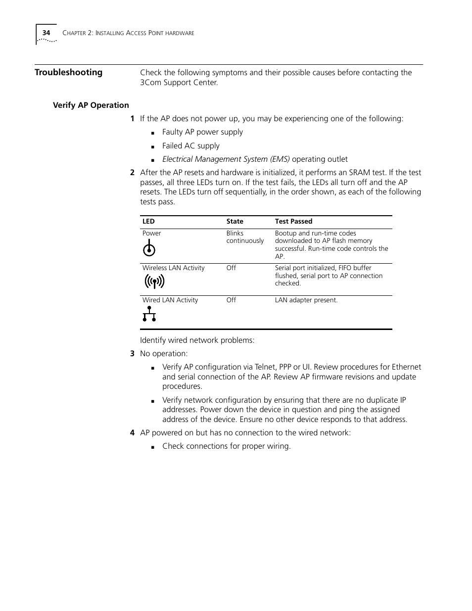 Troubleshooting, Verify ap operation, Troubleshooting 34 | Verify ap operation 34 | Cabletron Systems AirConnect 3Com User Manual | Page 34 / 93