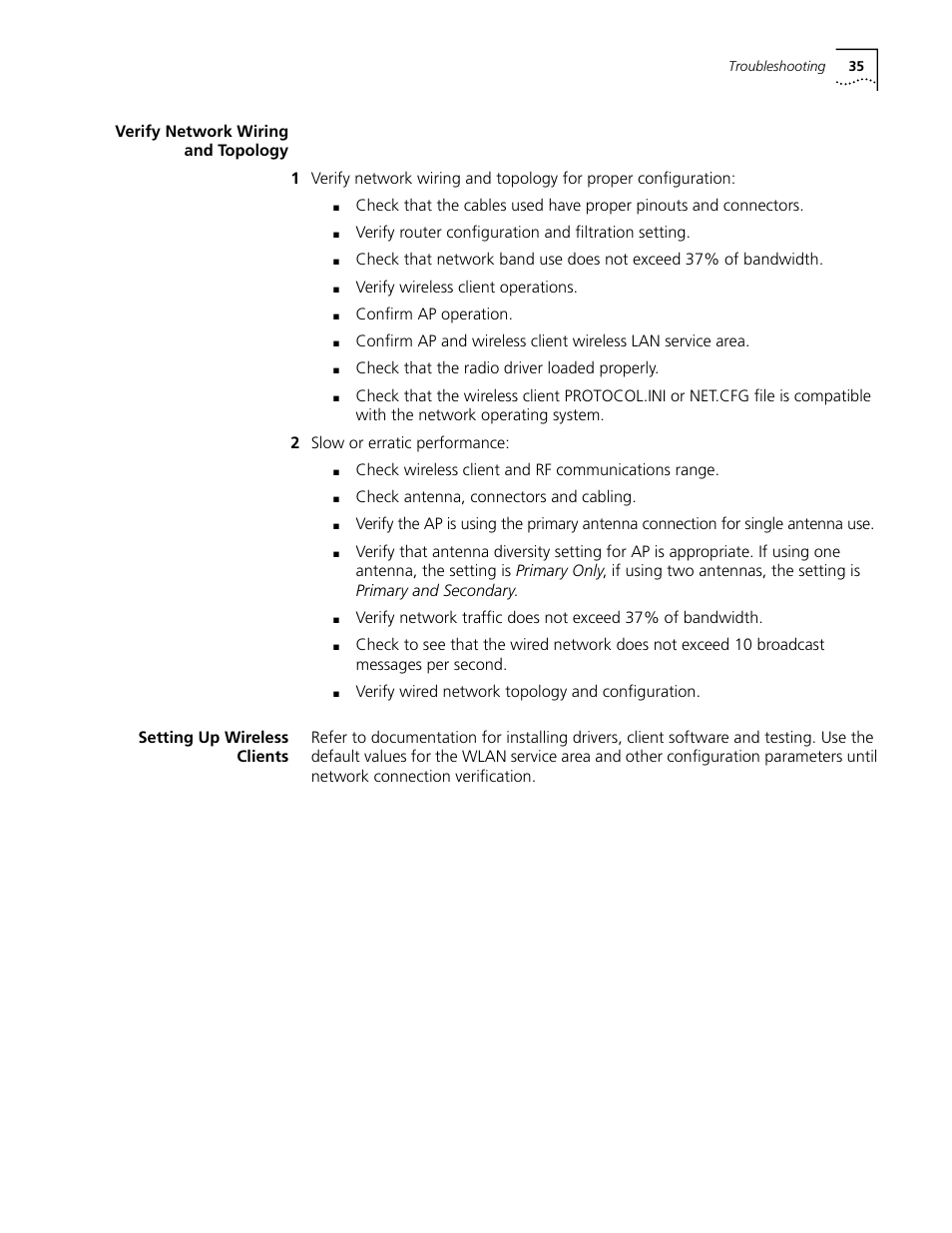 Verify network wiring and topology, Setting up wireless clients, Verify router configuration and filtration setting | Verify wireless client operations, Confirm ap operation, Check that the radio driver loaded properly, Check wireless client and rf communications range, Check antenna, connectors and cabling | Cabletron Systems AirConnect 3Com User Manual | Page 35 / 93