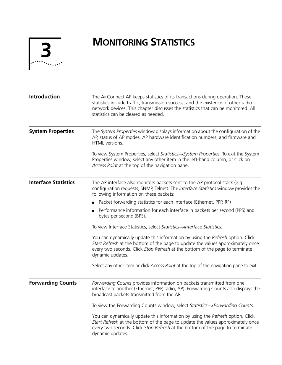 Monitoring statistics, Introduction, System properties | Interface statistics, Forwarding counts, Onitoring, Tatistics | Cabletron Systems AirConnect 3Com User Manual | Page 37 / 93