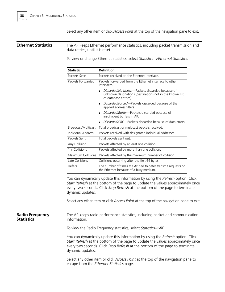 Ethernet statistics, Radio frequency statistics | Cabletron Systems AirConnect 3Com User Manual | Page 38 / 93