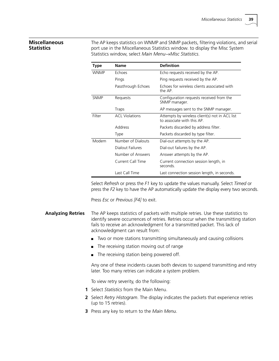 Miscellaneous statistics, Analyzing retries, Miscellaneous statistics 39 | Analyzing retries 39 | Cabletron Systems AirConnect 3Com User Manual | Page 39 / 93