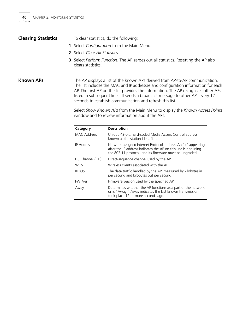 Clearing statistics, Known aps, Clearing statistics 40 known aps 40 | Cabletron Systems AirConnect 3Com User Manual | Page 40 / 93