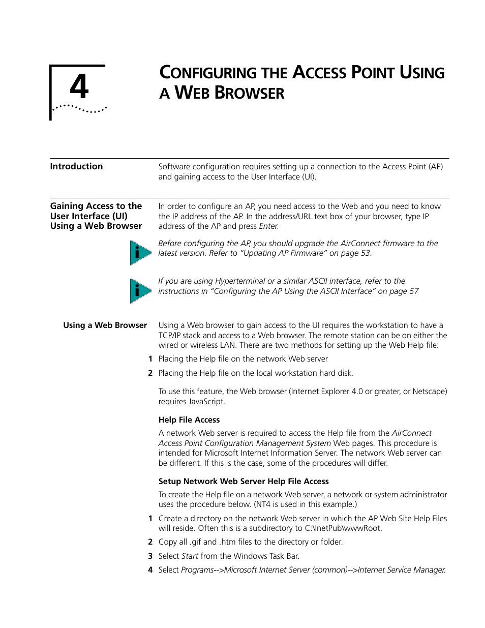 Configuring the access point using a web browser, Introduction, Using a web browser | Help file access, Setup network web server help file access, Onfiguring, Ccess, Oint, Sing, Rowser | Cabletron Systems AirConnect 3Com User Manual | Page 41 / 93