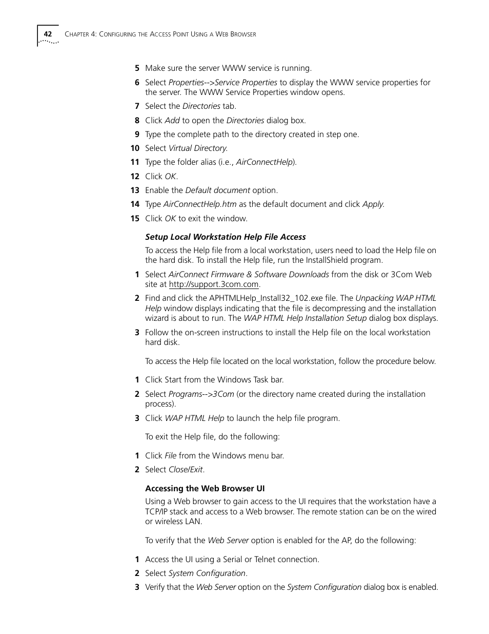 Setup local workstation help file access, Accessing the web browser ui, 42 accessing the web browser ui 42 | Cabletron Systems AirConnect 3Com User Manual | Page 42 / 93