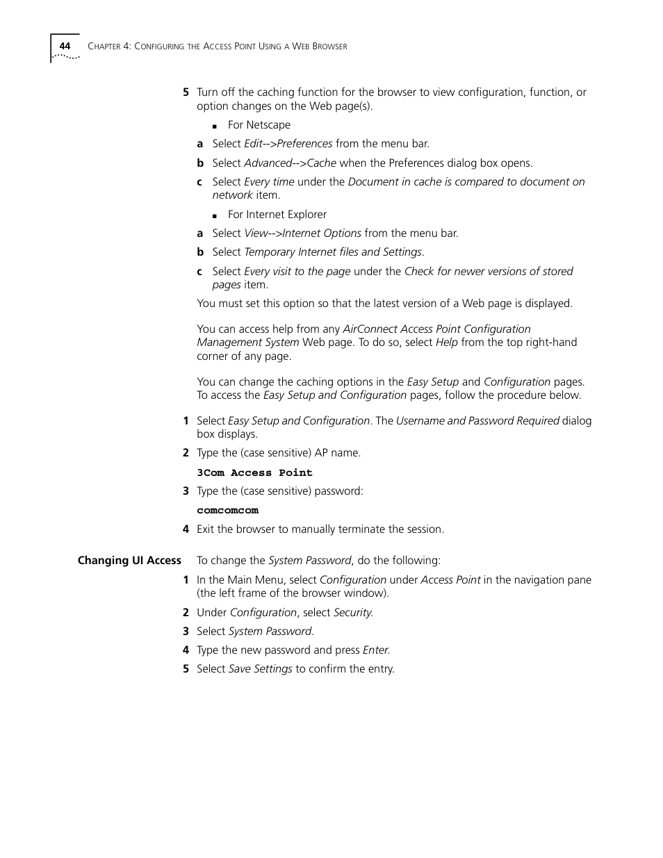 Changing ui access, Changing ui access 44, Configuring the serial port 60 | Cabletron Systems AirConnect 3Com User Manual | Page 44 / 93