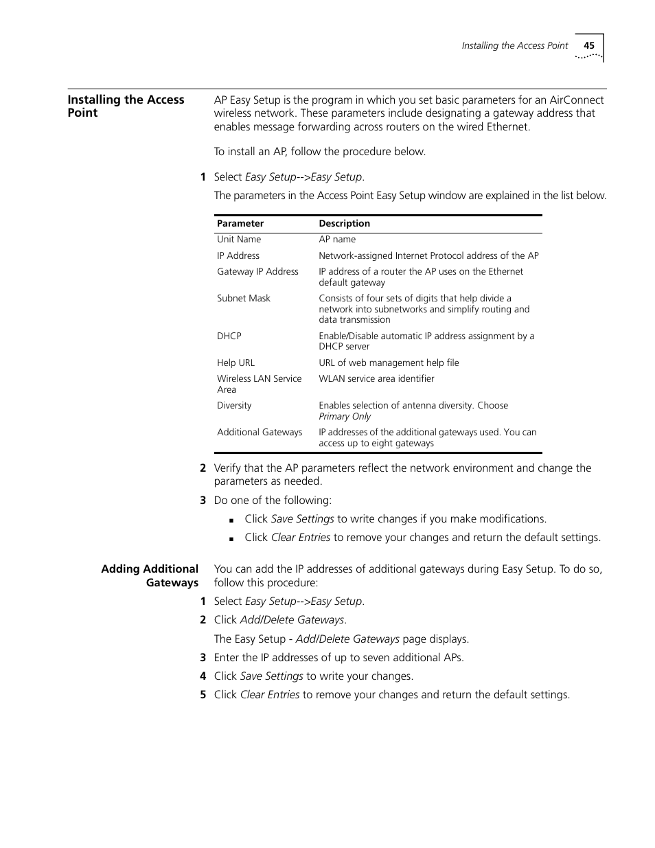 Installing the access point, Adding additional gateways, Installing the access point 45 | Adding additional gateways 45 | Cabletron Systems AirConnect 3Com User Manual | Page 45 / 93