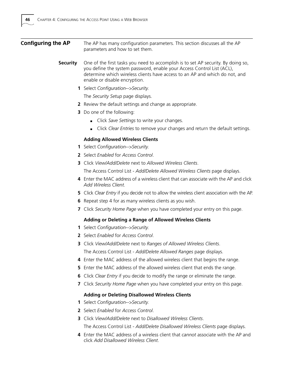Configuring the ap, Security, Adding allowed wireless clients | Adding or deleting disallowed wireless clients, Configuring the ap 46, Security 46 | Cabletron Systems AirConnect 3Com User Manual | Page 46 / 93