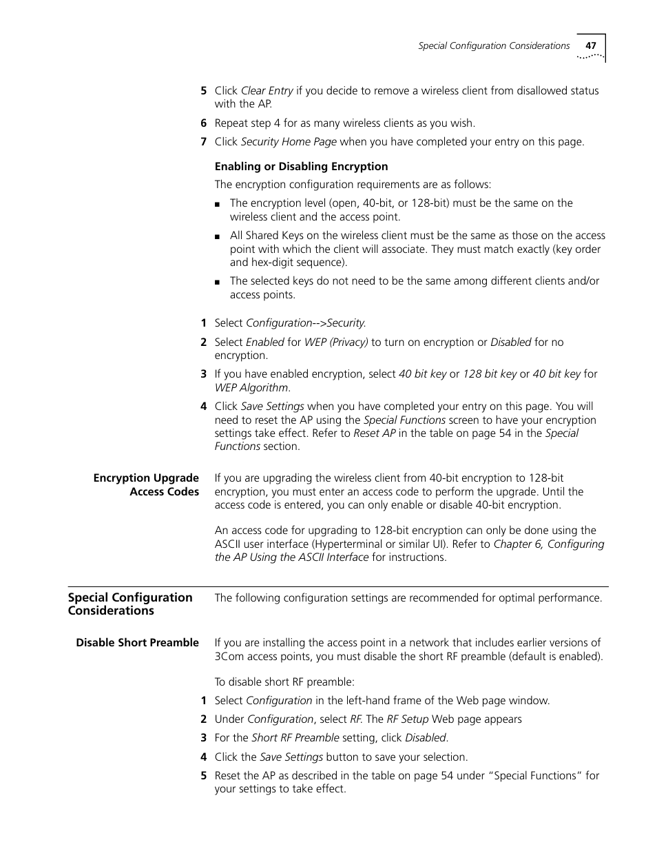 Enabling or disabling encryption, Encryption upgrade access codes, Special configuration considerations | Disable short preamble, Enabling or disabling encryption 47, Encryption upgrade access codes 47, Special configuration considerations 47, Disable short preamble 47 | Cabletron Systems AirConnect 3Com User Manual | Page 47 / 93