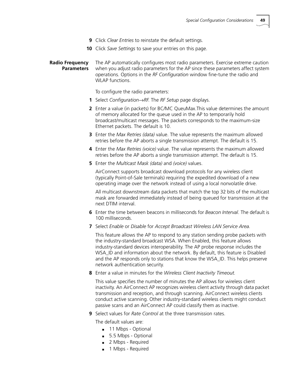 Radio frequency parameters, Radio frequency parameters 49 | Cabletron Systems AirConnect 3Com User Manual | Page 49 / 93