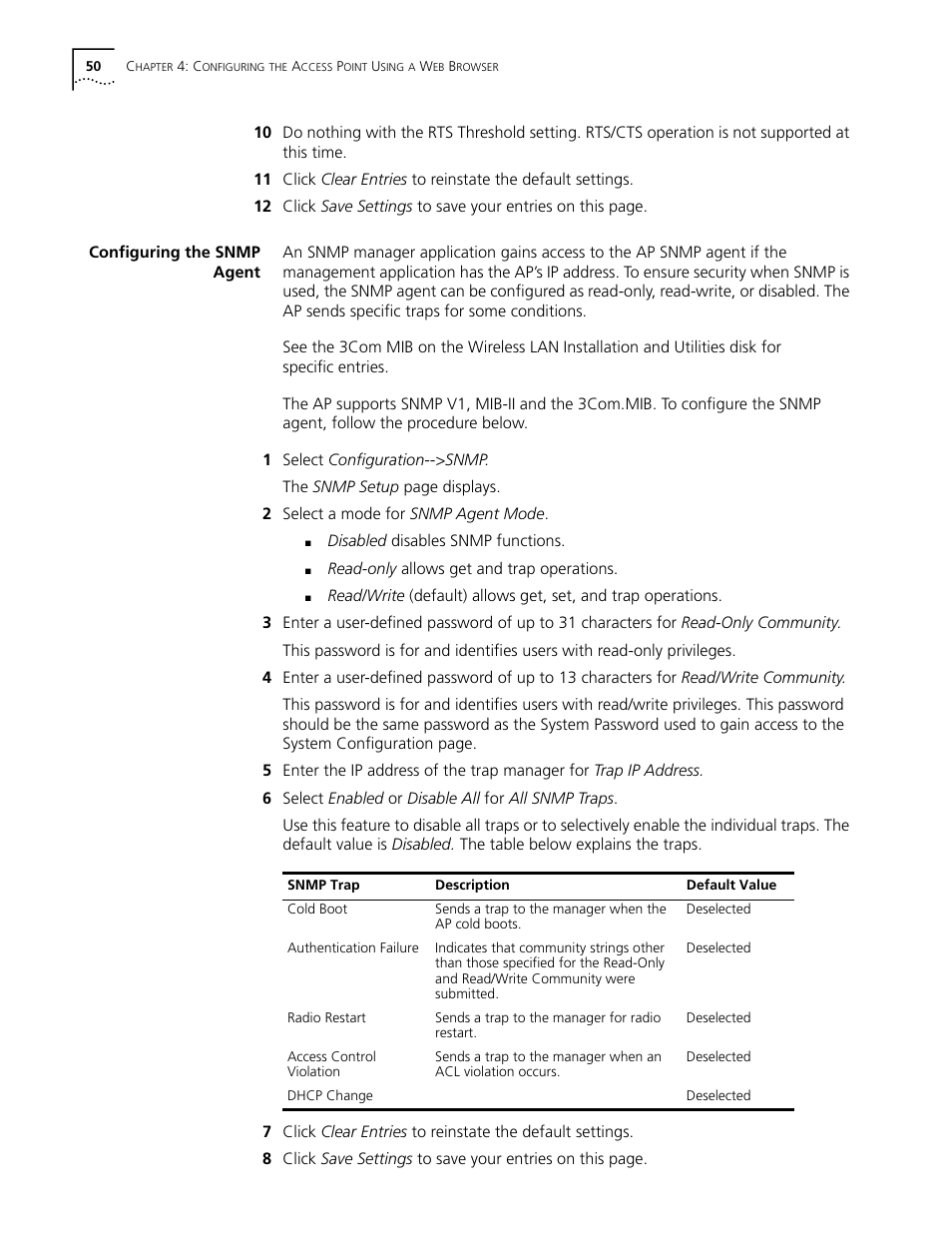 Configuring the snmp agent, Configuring the snmp agent 50 | Cabletron Systems AirConnect 3Com User Manual | Page 50 / 93
