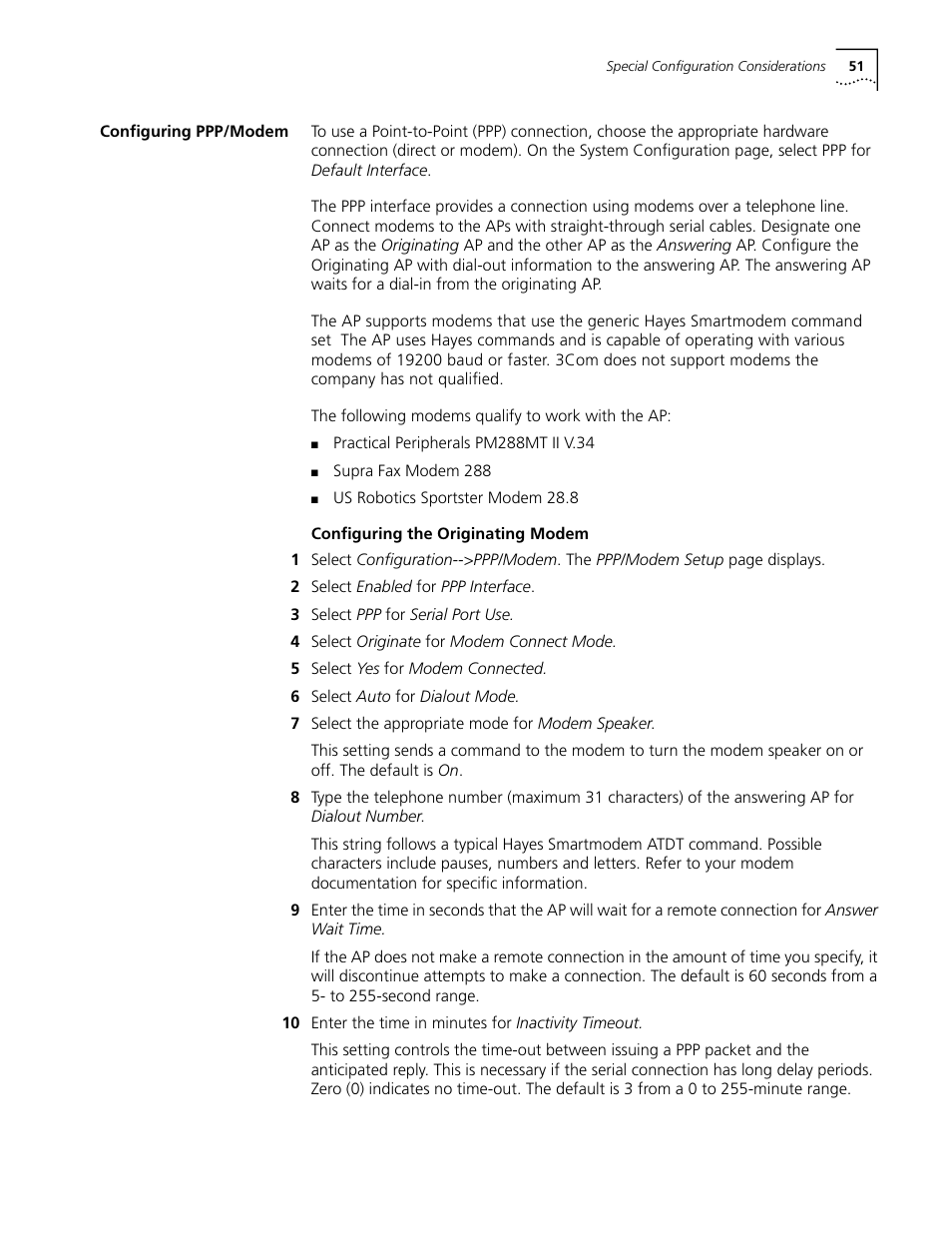 Configuring ppp/modem, Configuring the originating modem, Configuring ppp/modem 51 | Configuring the originating modem 51 | Cabletron Systems AirConnect 3Com User Manual | Page 51 / 93