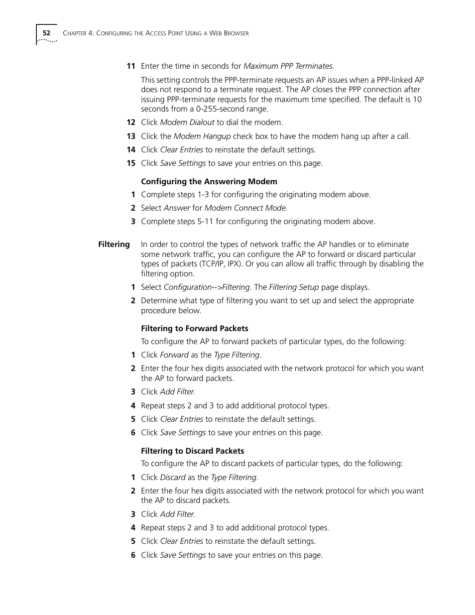 Configuring the answering modem, Filtering, Filtering to forward packets | Filtering to discard packets, Configuring the answering modem 52, Filtering 52 | Cabletron Systems AirConnect 3Com User Manual | Page 52 / 93