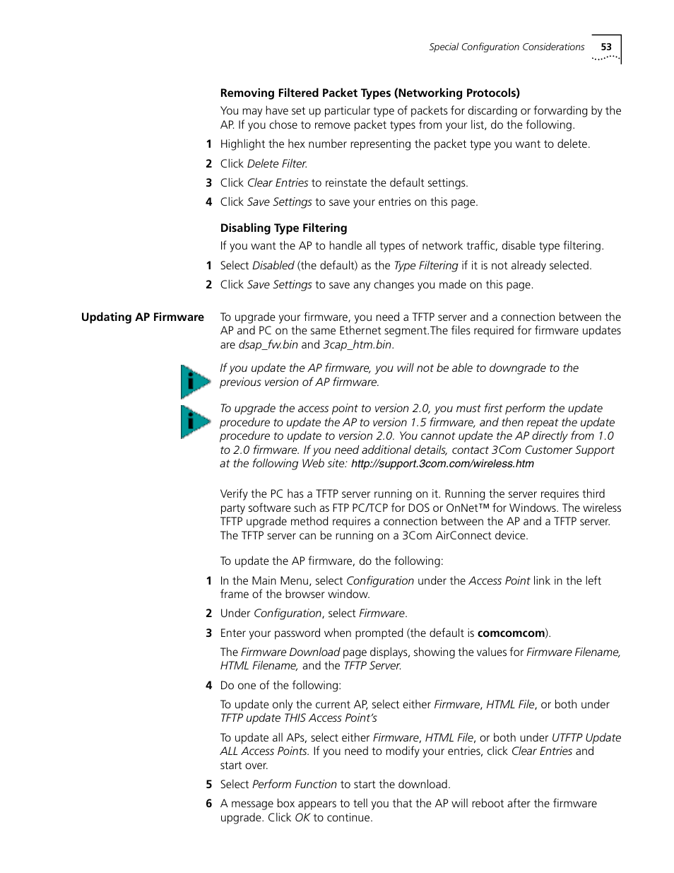 Disabling type filtering, Updating ap firmware, Updating ap firmware 53 | Cabletron Systems AirConnect 3Com User Manual | Page 53 / 93