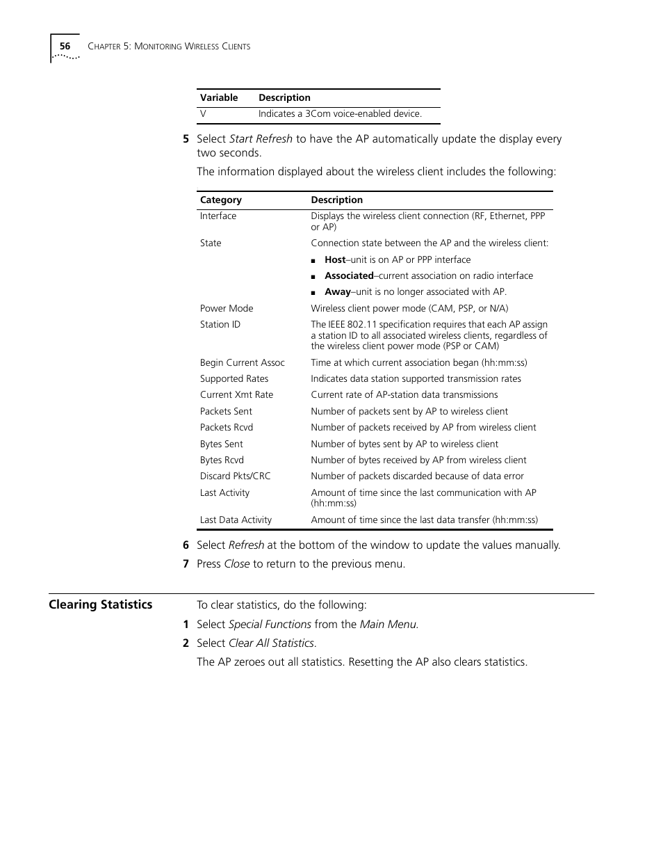 Clearing statistics, Clearing statistics 56 | Cabletron Systems AirConnect 3Com User Manual | Page 56 / 93