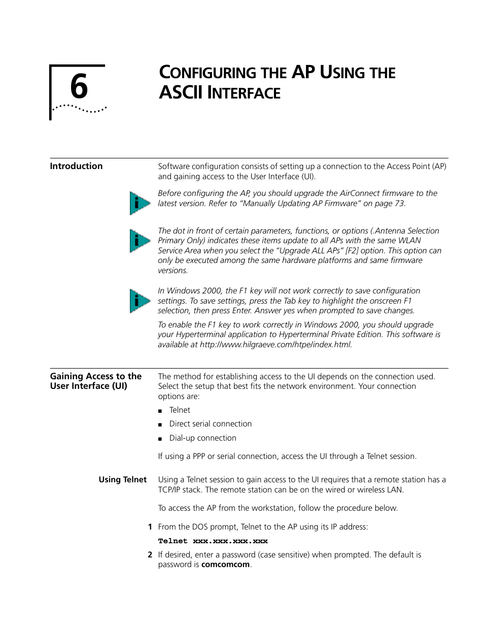Configuring the ap using the asciiinterface, Introduction, Gaining access to the user interface (ui) | Using telnet, Onfiguring, Ap u, Sing, Ascii i, Nterface, Using telnet 57 | Cabletron Systems AirConnect 3Com User Manual | Page 57 / 93