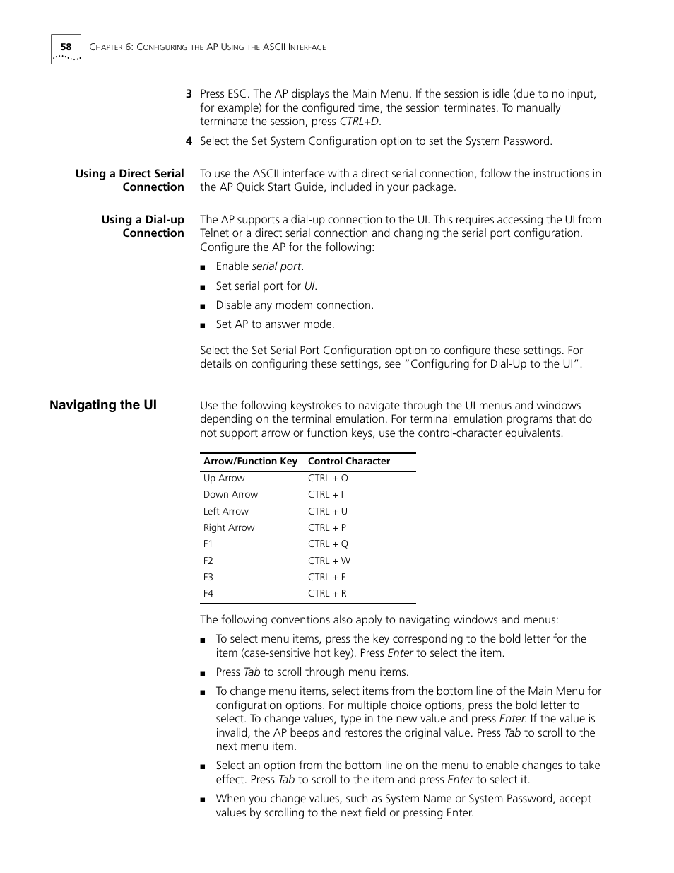 Using a direct serial connection, Using a dial-up connection, Navigating the ui | Navigating the ui 58, Avigating the ui | Cabletron Systems AirConnect 3Com User Manual | Page 58 / 93