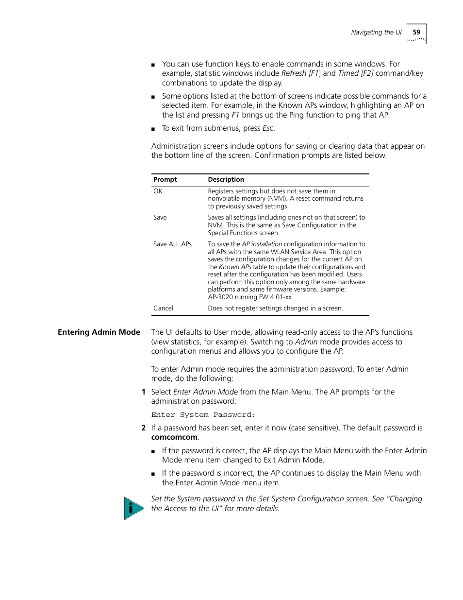 Entering admin mode, Entering admin mode 59 | Cabletron Systems AirConnect 3Com User Manual | Page 59 / 93