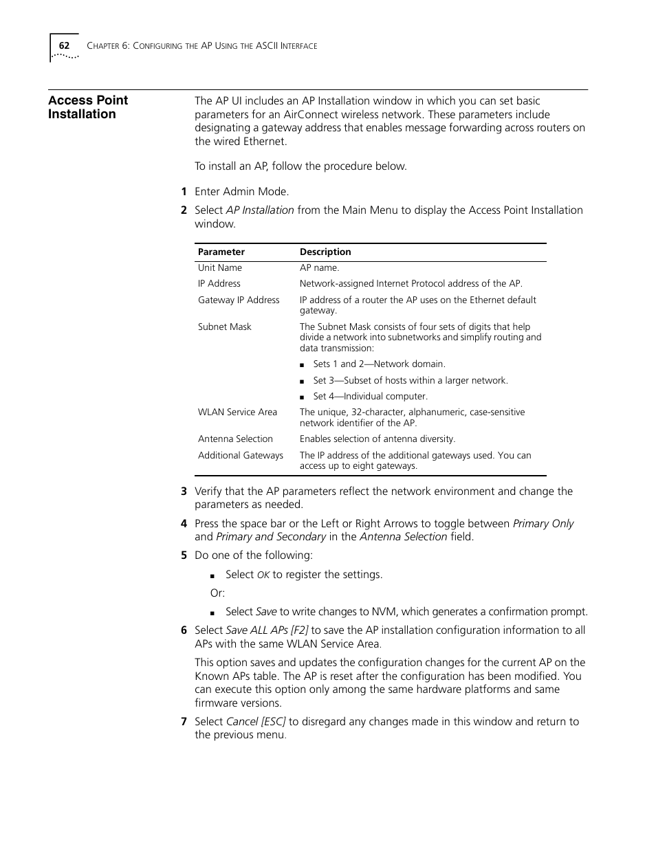 Access point installation, Access point installation 62, Ccess point installation | Cabletron Systems AirConnect 3Com User Manual | Page 62 / 93