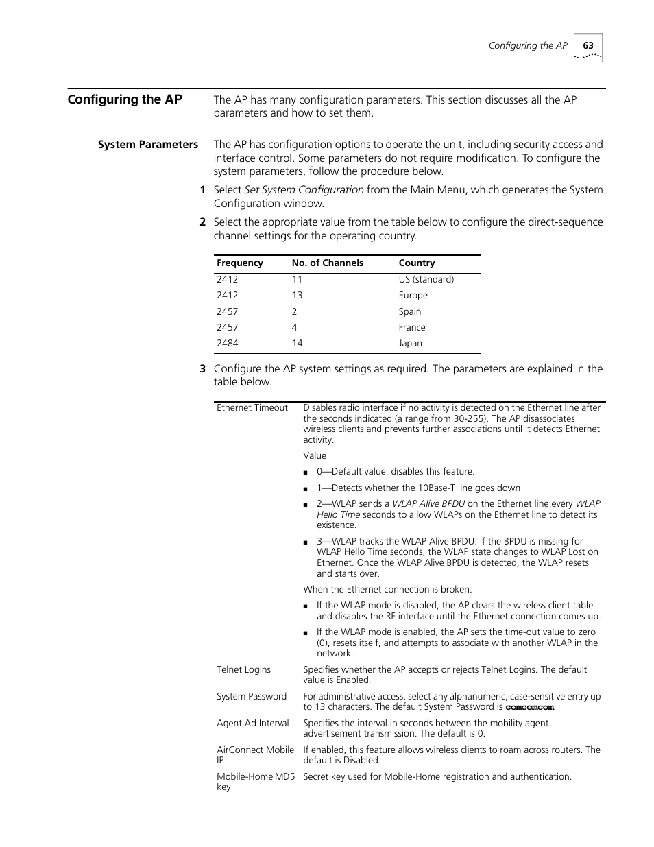 Configuring the ap, System parameters, Configuring the ap 63 | System parameters 63, Onfiguring the ap | Cabletron Systems AirConnect 3Com User Manual | Page 63 / 93