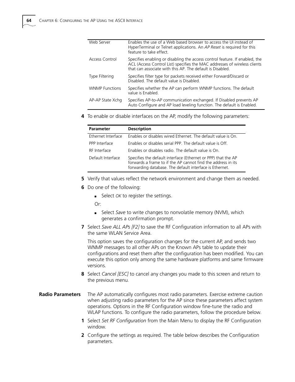 Radio parameters, Radio parameters 64 | Cabletron Systems AirConnect 3Com User Manual | Page 64 / 93