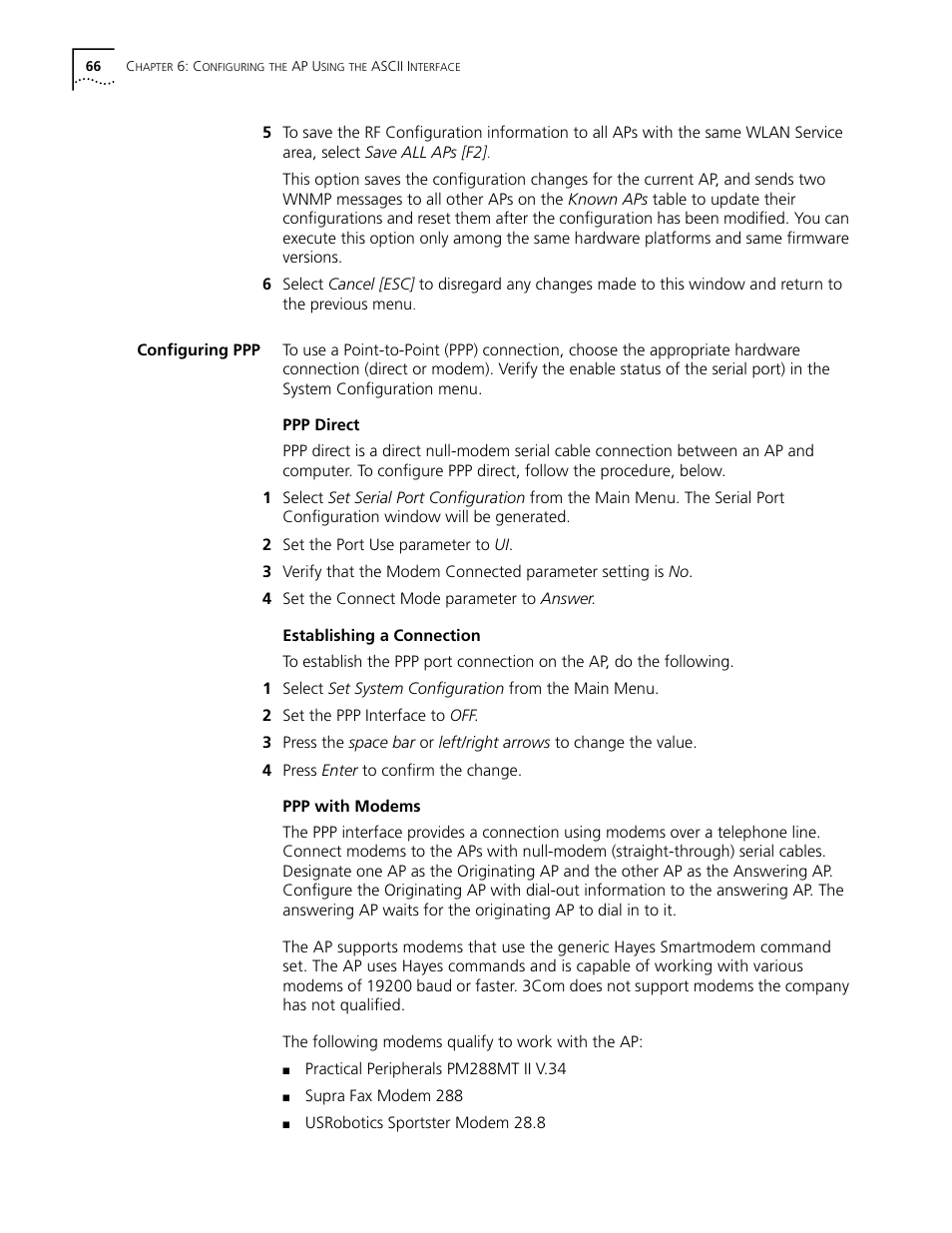 Configuring ppp, Ppp direct, Establishing a connection | Ppp with modems, Configuring ppp 66 | Cabletron Systems AirConnect 3Com User Manual | Page 66 / 93