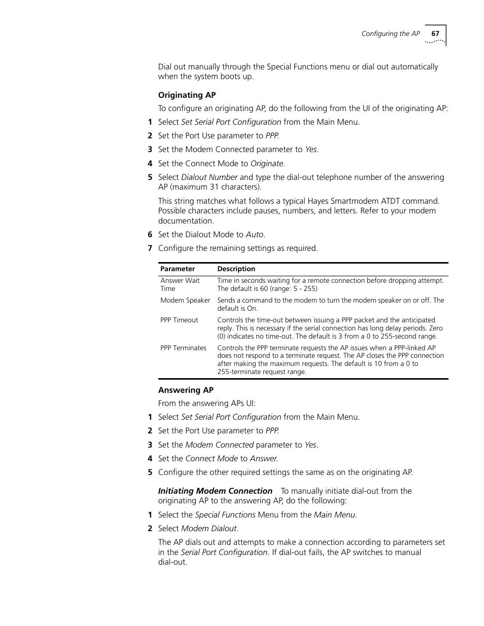 Originating ap, Answering ap, Initiating modem connection | Originating ap 67 answering ap 67 | Cabletron Systems AirConnect 3Com User Manual | Page 67 / 93
