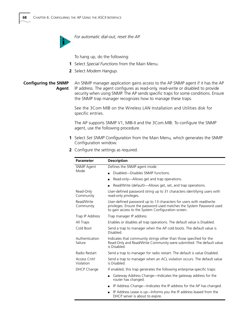 Configuring the snmp agent, Configuring the snmp agent 68 | Cabletron Systems AirConnect 3Com User Manual | Page 68 / 93