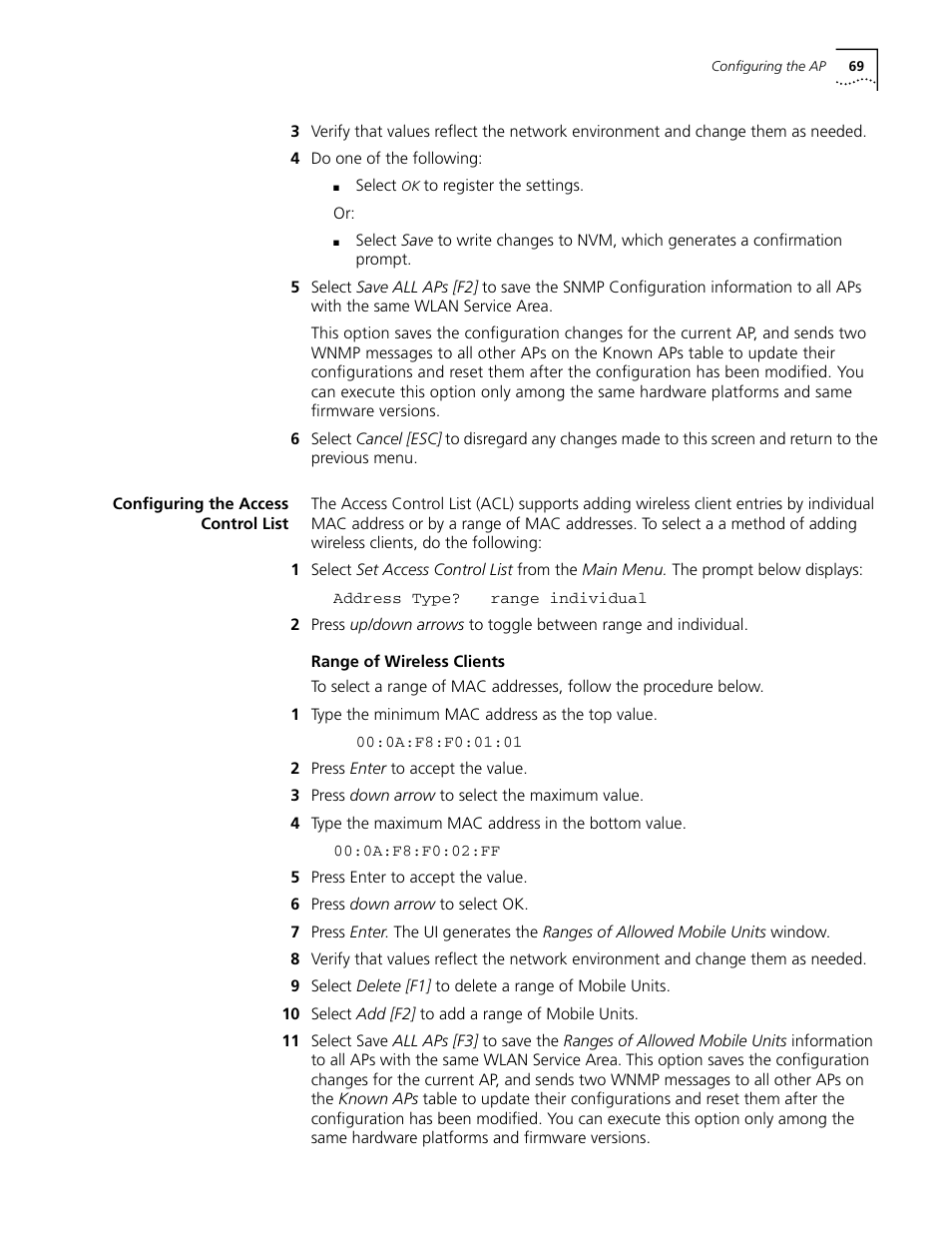 Configuring the access control list, Range of wireless clients, Configuring the access control list 69 | Range of wireless clients 69 | Cabletron Systems AirConnect 3Com User Manual | Page 69 / 93