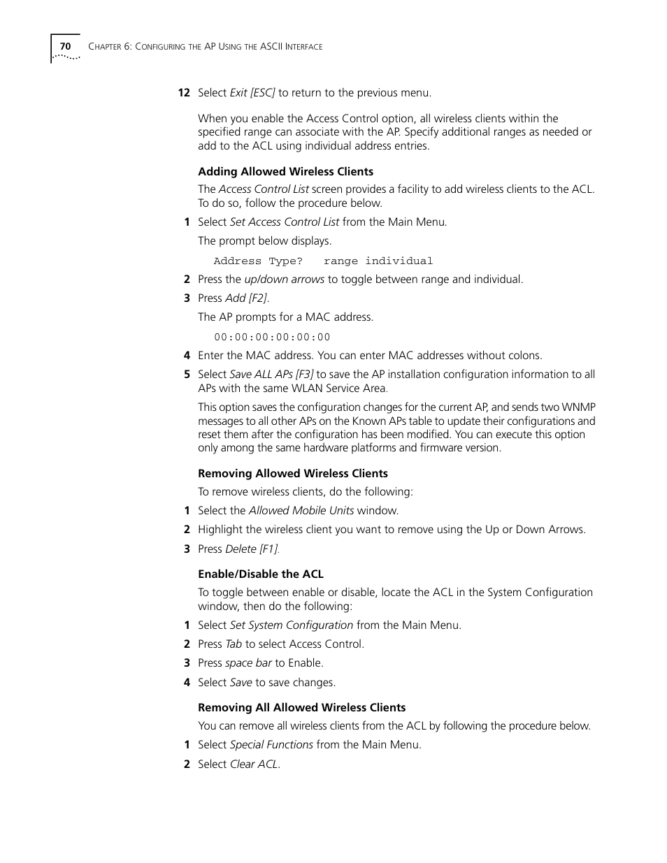 Adding allowed wireless clients, Removing allowed wireless clients, Enable/disable the acl | Removing all allowed wireless clients | Cabletron Systems AirConnect 3Com User Manual | Page 70 / 93