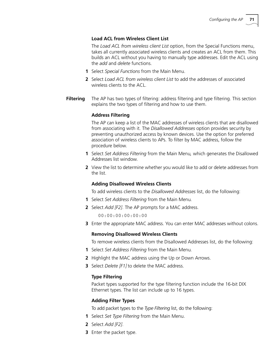 Load acl from wireless client list, Filtering, Address filtering | Adding disallowed wireless clients, Removing disallowed wireless clients, Type filtering, Adding filter types, Load acl from wireless client list 71, Filtering 71 | Cabletron Systems AirConnect 3Com User Manual | Page 71 / 93