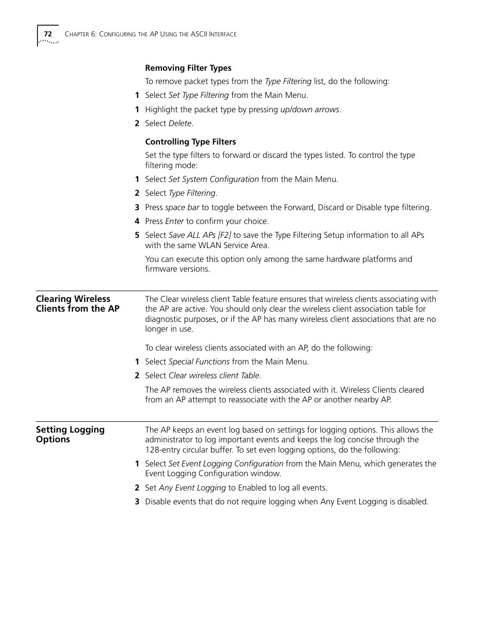 Removing filter types, Controlling type filters, Clearing wireless clients from the ap | Setting logging options | Cabletron Systems AirConnect 3Com User Manual | Page 72 / 93