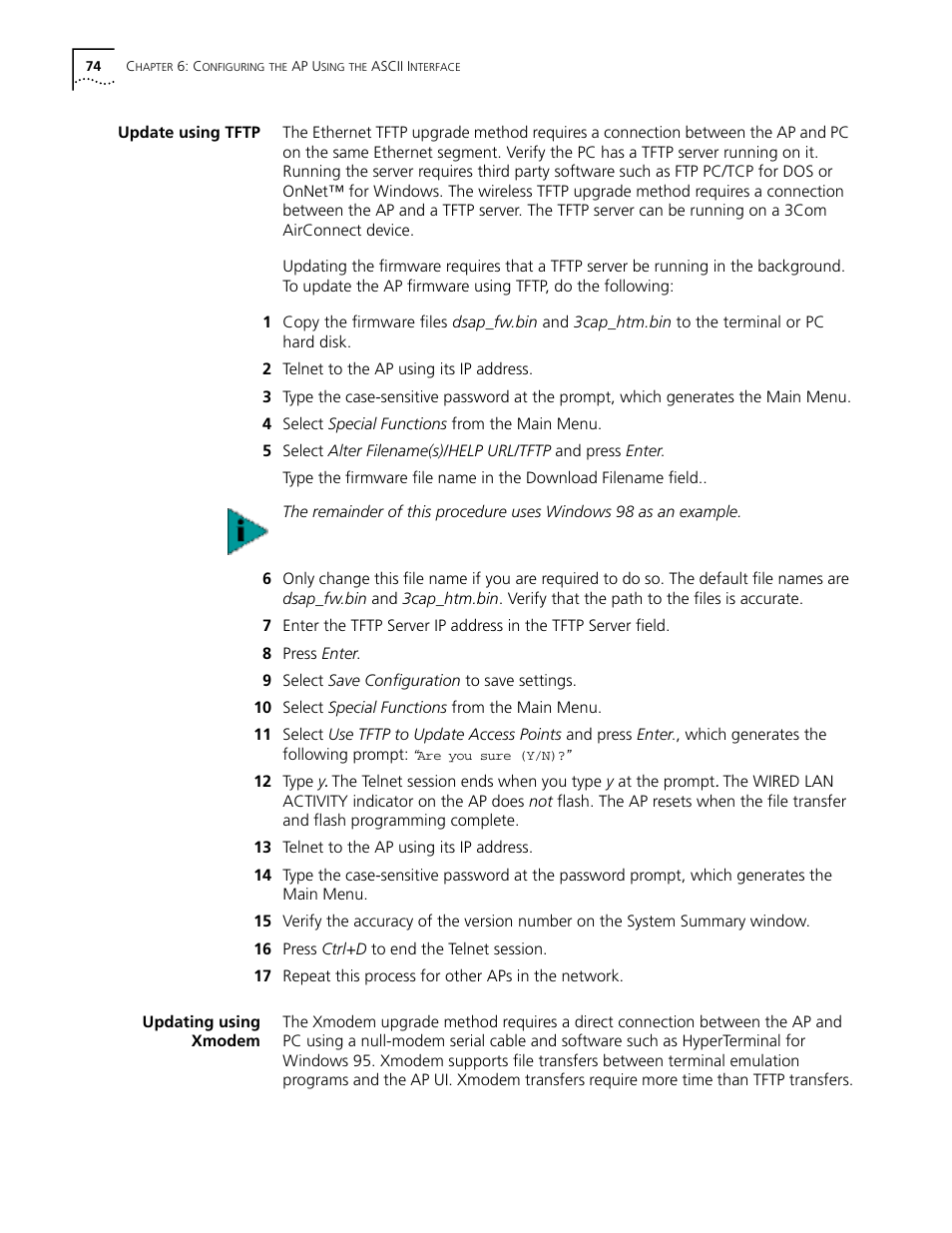 Update using tftp, Updating using xmodem, Update using tftp 74 updating using xmodem 74 | Cabletron Systems AirConnect 3Com User Manual | Page 74 / 93