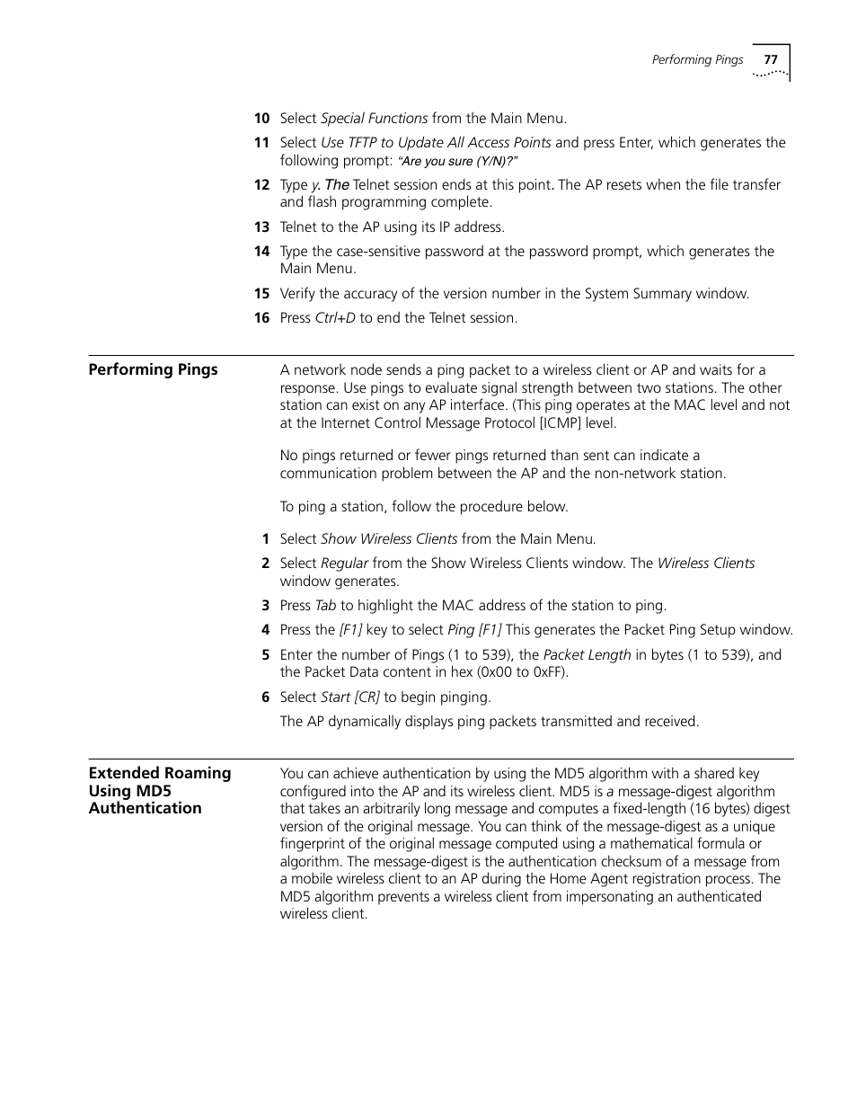 Performing pings, Extended roaming using md5 authentication | Cabletron Systems AirConnect 3Com User Manual | Page 77 / 93