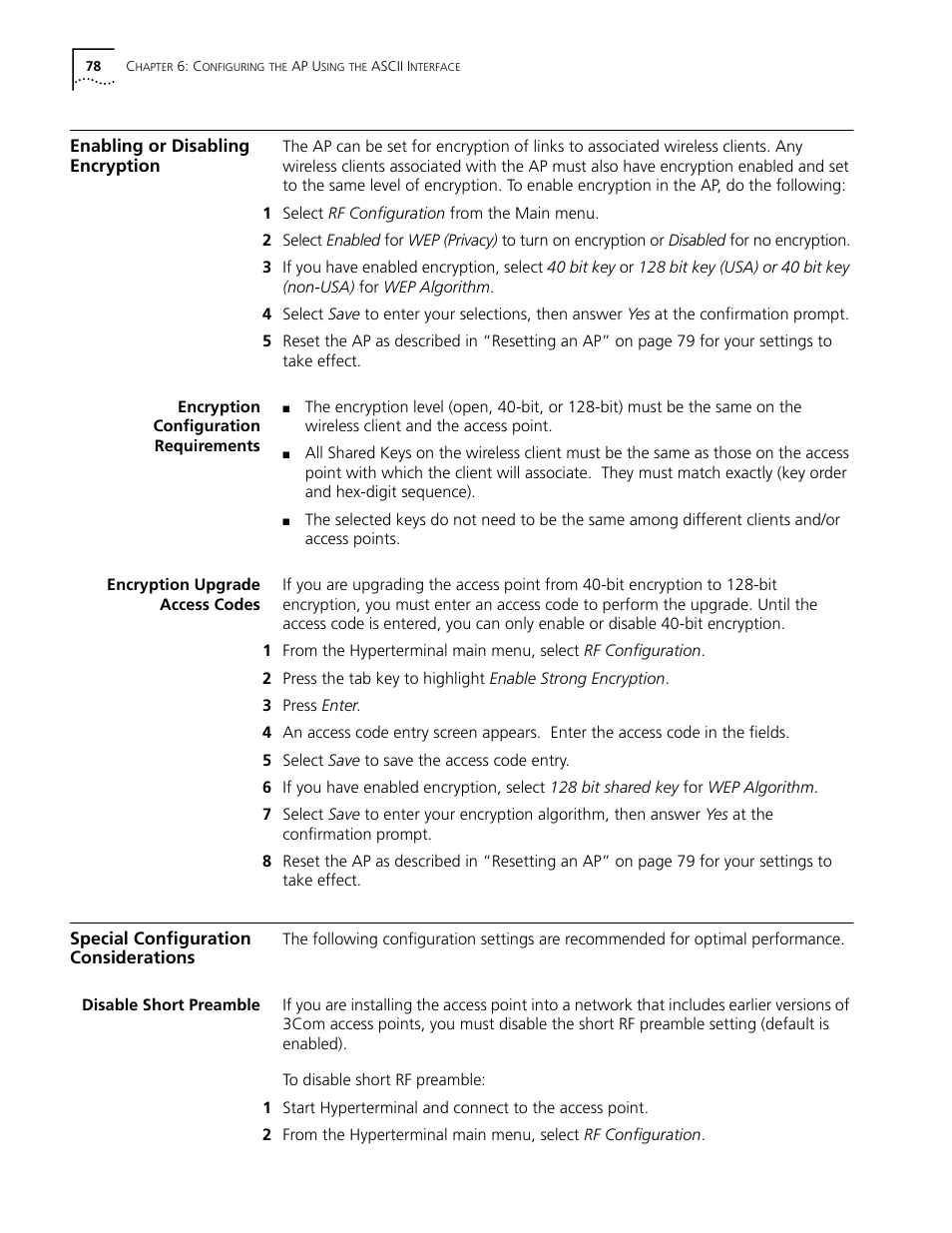 Enabling or disabling encryption, Encryption configuration requirements, Encryption upgrade access codes | Special configuration considerations, Disable short preamble, Enabling or disabling encryption 78, Special configuration considerations 78, Disable short preamble 78 | Cabletron Systems AirConnect 3Com User Manual | Page 78 / 93