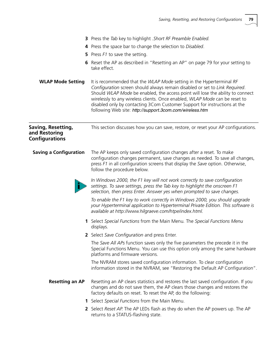 Wlap mode setting, Saving, resetting, andrestoring configurations, Saving a configuration | Resetting an ap, Wlap mode setting 79, Saving, resetting, and restoring configurations 79, Saving a configuration 79 resetting an ap 79 | Cabletron Systems AirConnect 3Com User Manual | Page 79 / 93