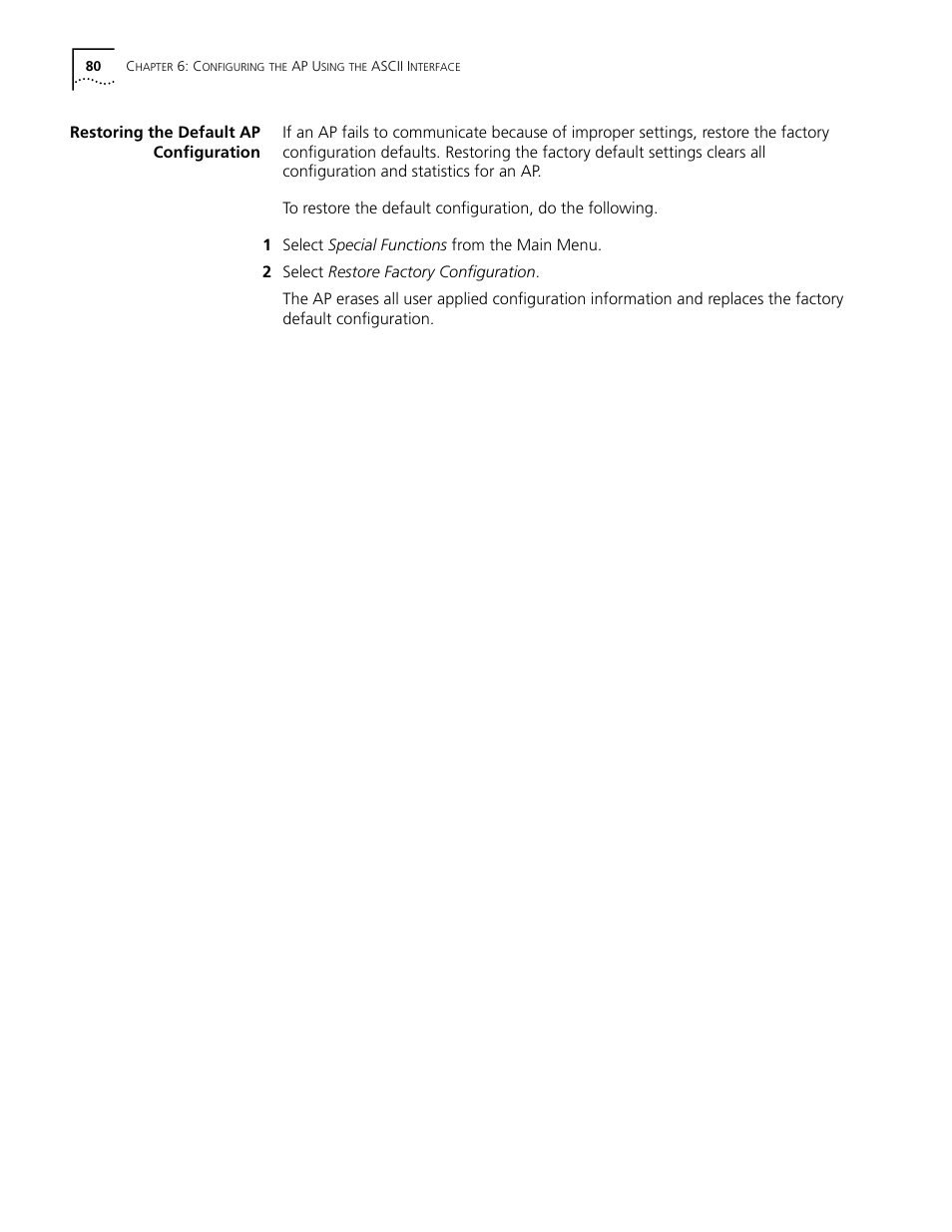 Restoring the default ap configuration | Cabletron Systems AirConnect 3Com User Manual | Page 80 / 93