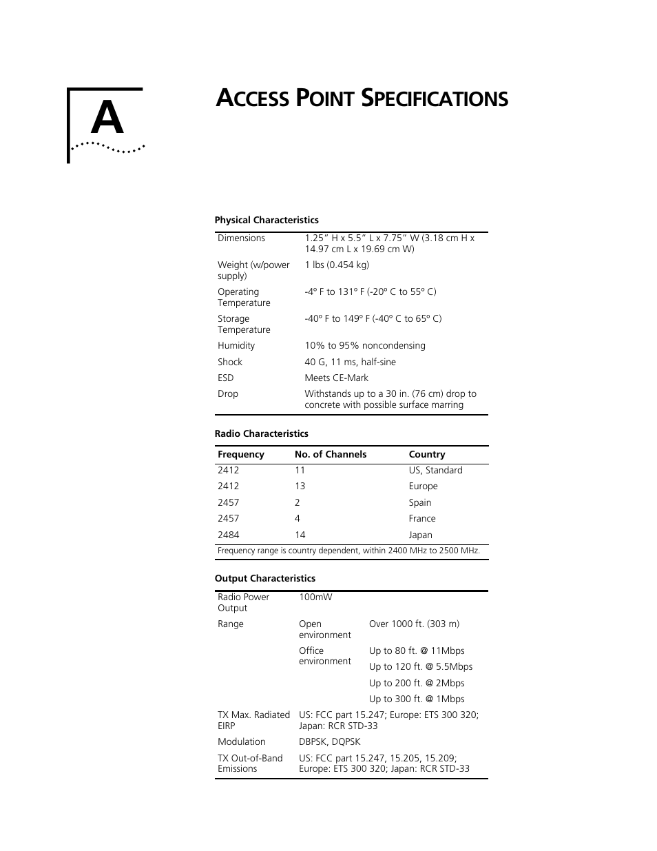 Access point specifications, Ccess, Oint | Pecifications | Cabletron Systems AirConnect 3Com User Manual | Page 81 / 93