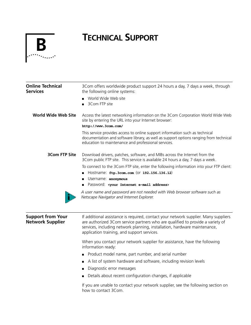 Technical support, Online technical services, World wide web site | 3com ftp site, Support from your network supplier, Echnical, Upport, Online technical services 83, World wide web site 83 3com ftp site 83, Support from your network supplier 83 | Cabletron Systems AirConnect 3Com User Manual | Page 83 / 93