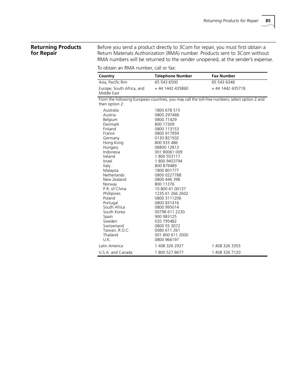 Returning products forrepair, Returning products for repair 85, Returning products for repair | Cabletron Systems AirConnect 3Com User Manual | Page 85 / 93
