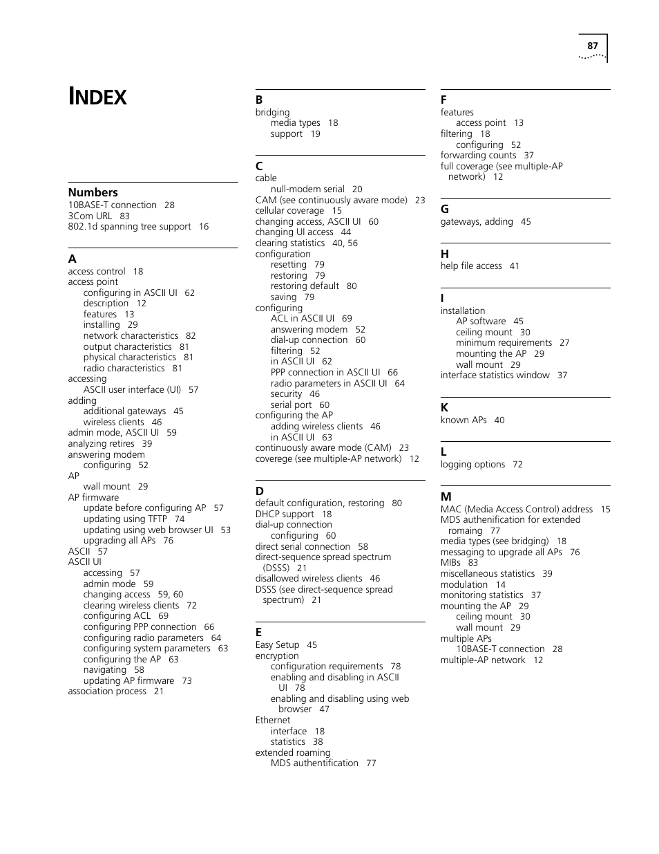 Index, Ndex | Cabletron Systems AirConnect 3Com User Manual | Page 87 / 93