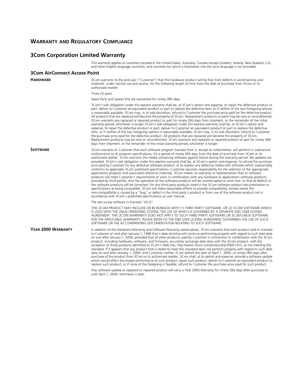 Warranty and regulatory compliance, 3com corporation limited warranty, Arranty | Egulatory, Ompliance, 3com corporation limited warranty 91 | Cabletron Systems AirConnect 3Com User Manual | Page 89 / 93