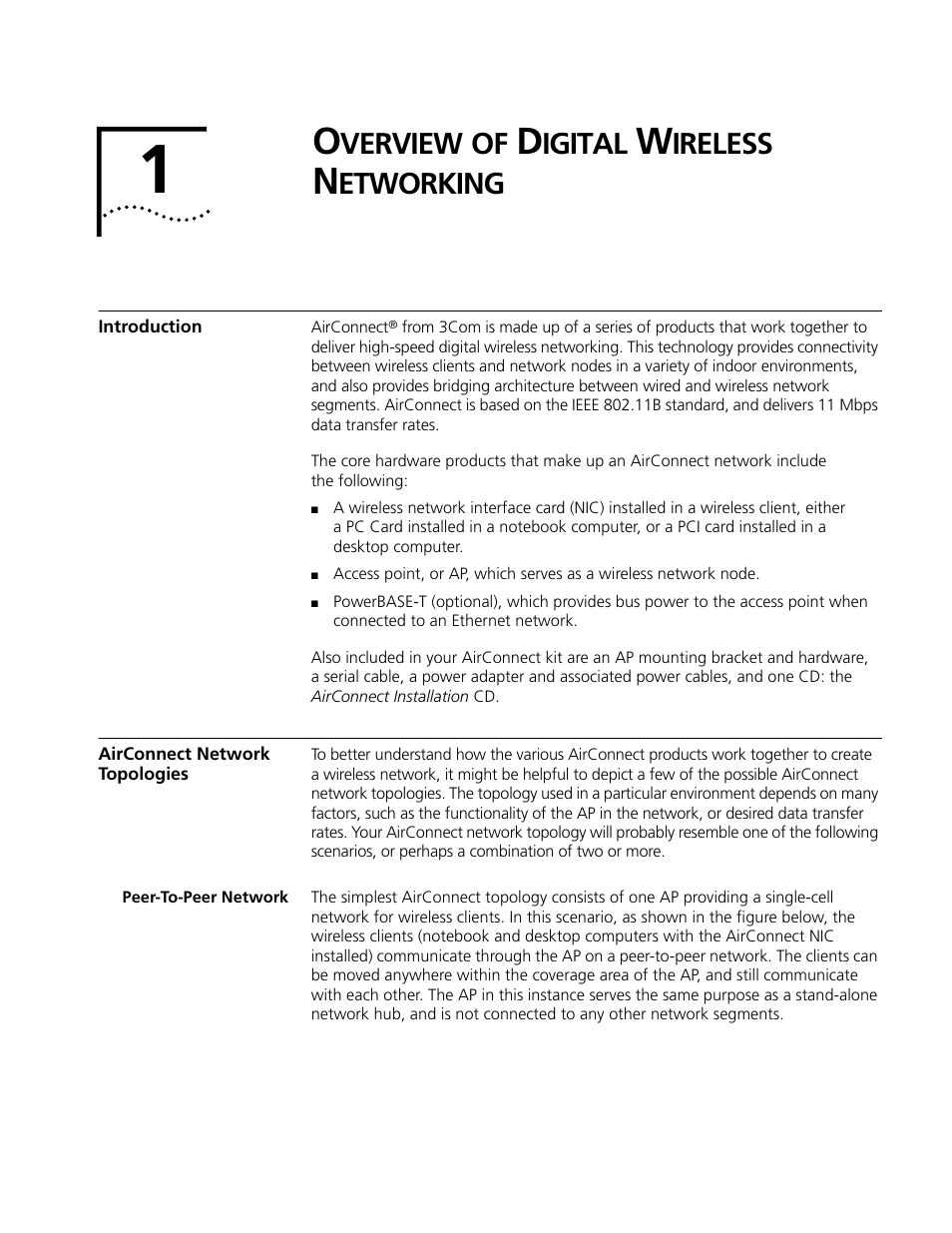Overview of digital wireless networking, Introduction, Airconnect network topologies | Peer-to-peer network, Verview, Igital, Ireless, Etworking, Introduction 9 airconnect network topologies 9, Peer-to-peer network 9 | Cabletron Systems AirConnect 3Com User Manual | Page 9 / 93